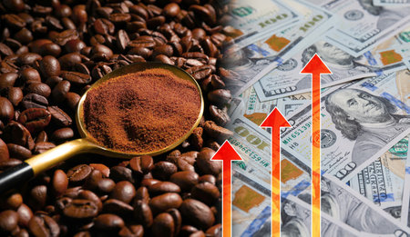 Rising coffee price. Roasted beans, ground coffee, arrows and dollar bills, double exposureの写真素材