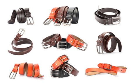 Different leather belts on white background, collageの写真素材