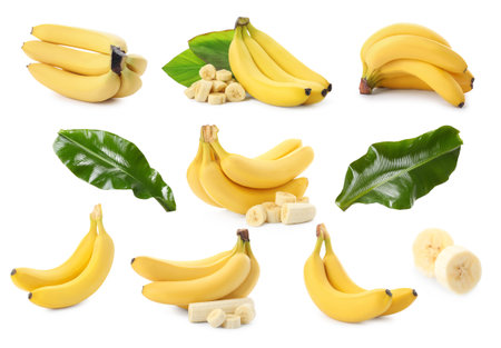 Yummy ripe banana fruits and green leaves on white background, collageの写真素材