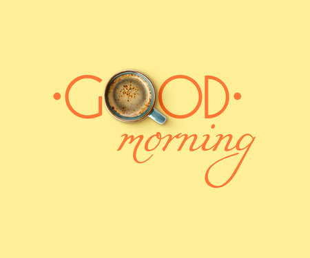 Morning good only with coffee. Inscription with cup of hot drink instead of letter O on beige background, top viewの写真素材