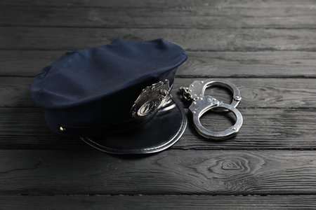 Police cap and handcuffs on black wooden table, closeupの写真素材