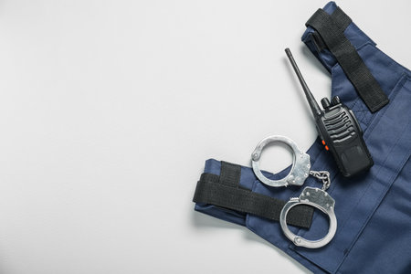 Different police equipment on white background, flat lay. Space for textの写真素材