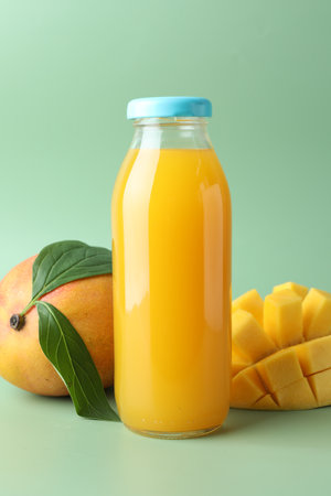 Tasty mango juice in glass bottle and fresh fruits on green backgroundの写真素材