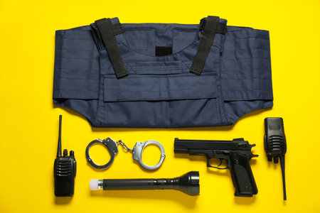 Different police equipment on yellow background, flat layの写真素材