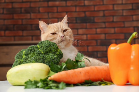 Cat and different vegetables on white table indoors. Pet's balanced dietの写真素材