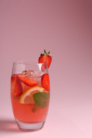 Refreshing drink with strawberries, mint, lemon and ice in glass on pink background, closeup. Space for textの写真素材