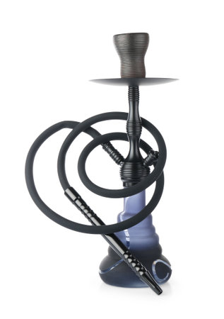 One dark traditional hookah isolated on whiteの写真素材