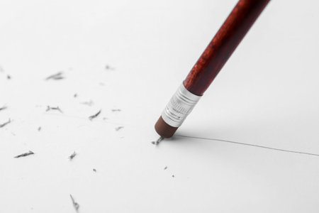 Graphite pencil with eraser on paper sheet, closeupの写真素材