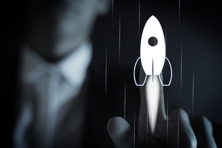 Business, successful startup. Man launching rocket on virtual screen against dark background,...