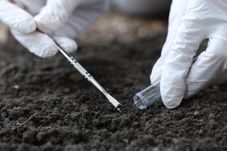 Scientist soil taking sample for research outdoors, closeup