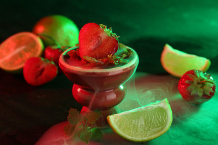 Hookah bowl with limes, strawberries, mint and smoke on black table, closeupの写真素材