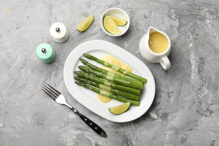 Tasty cooked asparagus served with sauce and lime on gray textured table, flat layの写真素材