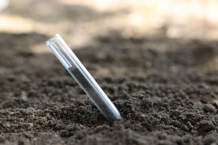 Test tube with soil sample outdoors, closeup. Space for text