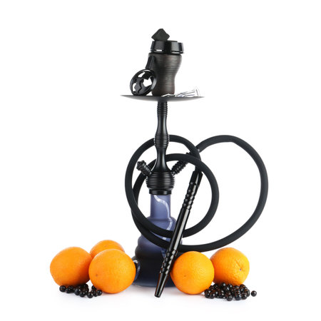 Dark traditional hookah, oranges and black currents isolated on white