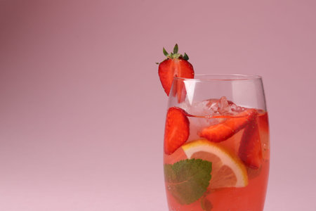 Refreshing drink with strawberries, mint, lemon and ice in glass on pink background, closeup. Space for textの写真素材