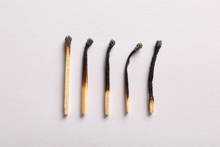 Burnt matches on light gray background, flat lay