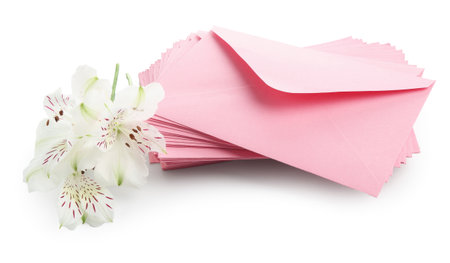 Stack of love letters and flowers isolated on whiteの写真素材