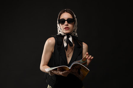 Beautiful woman in stylish outfit with fashion magazine on black backgroundの写真素材