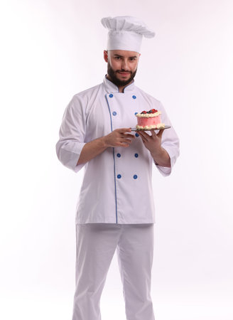 Happy confectioner in uniform holding delicious cake with berries on white backgroundの写真素材