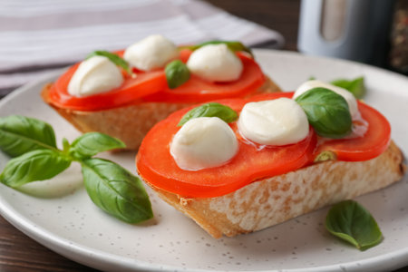 Tasty sandwiches with mozzarella cheese, tomatoes and basil on table, closeupの写真素材
