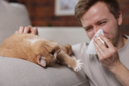 Man suffering from allergy with his cat at home, selective focusの写真素材