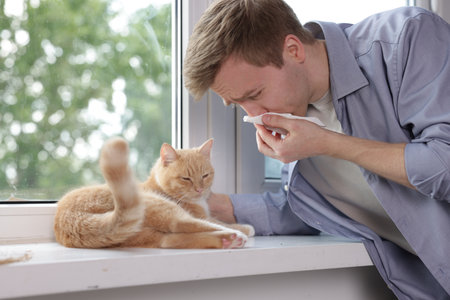 Man suffering from allergy with his cat near window at homeの写真素材