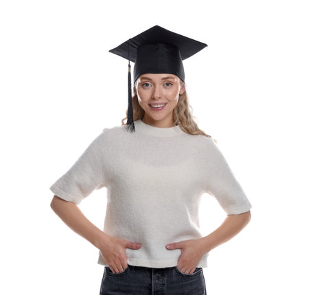 Happy student after graduation on white backgroundの写真素材