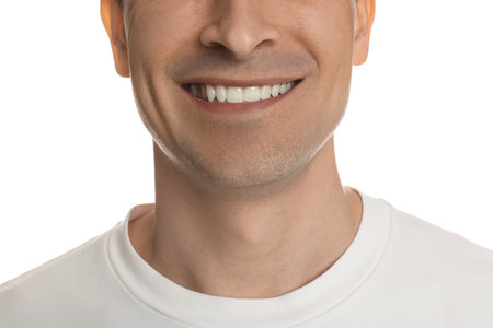Smiling man after shaving on white background, closeupの写真素材