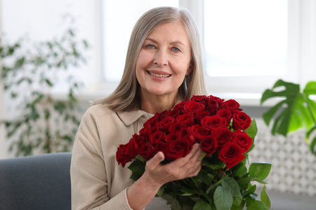Smiling woman with bouquet of roses at homeの写真素材