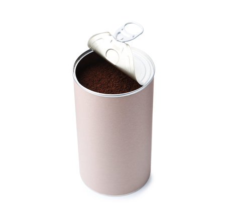 Instant coffee in metal can isolated on whiteの写真素材