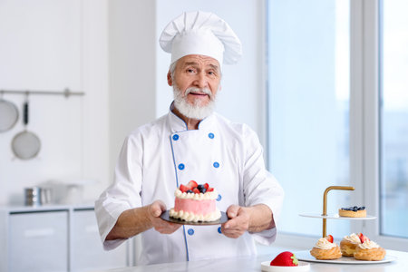 Elderly pastry chef holding tasty cake at table with desserts in kitchenの写真素材