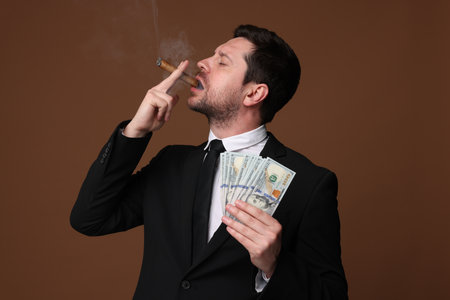 Greedy banker with dollar banknotes smoking cigar on brown backgroundの写真素材
