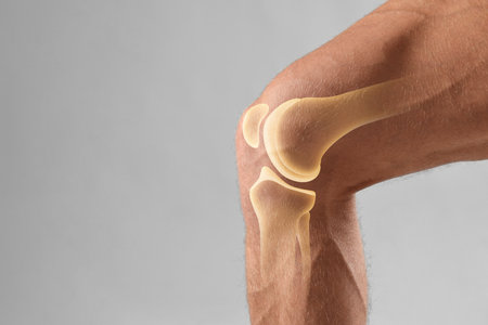 Anatomy of knee. Man with illustration on his leg against grey background, closeup. Space for textの写真素材