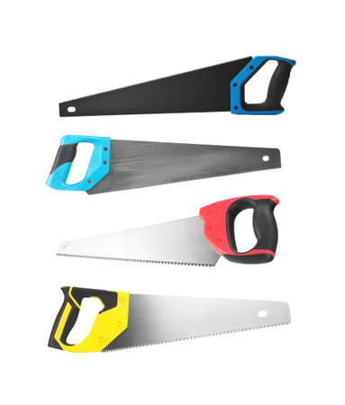 Different hand saws isolated on white, collage