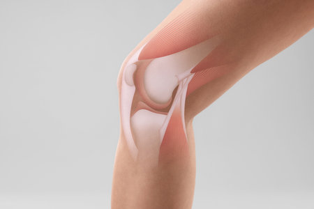 Anatomy of knee. Woman with illustration on her leg against grey background, closeupの写真素材