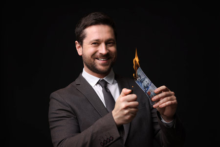 Greedy businessman burning dollar banknote with lighter on black backgroundの写真素材
