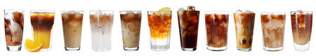 Different cold coffee drinks isolated on white, set