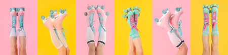 Women in retro roller skates on color backgrounds, closeup. Collage of photos