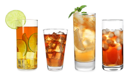 Iced tea in glasses isolated on white, setの写真素材