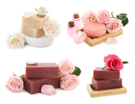 Soap bars with roses and essential oil isolated on white, collageの写真素材