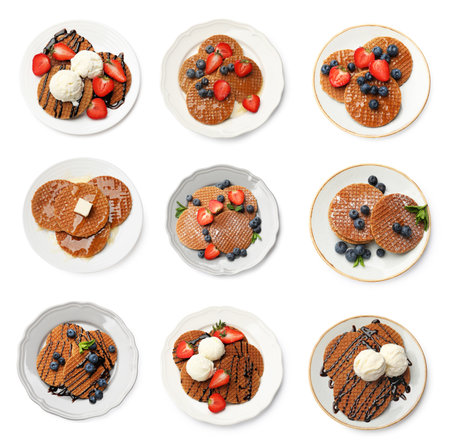 Yummy Dutch waffles (stroopwafels) on white background, collage. Top viewの写真素材