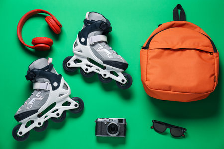 Flat lay composition with roller skates on green backgroundの写真素材