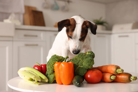 Cute dog and fresh vegetables on table in kitchen. Pet foodの写真素材