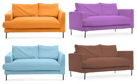 Sofa in different colors isolated on white, set. Furniture for living room interiorの写真素材