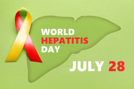 28th July World Hepatitis Day. Yellow-red awareness ribbon and illustration of liver on light green background, top viewの写真素材