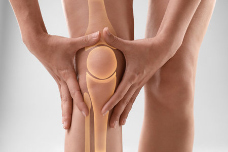Anatomy of the knee. Woman with illustration on her leg against gray background, closeupの写真素材