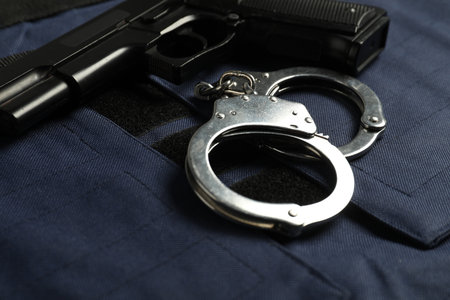 Handcuffs and gun on bulletproof vest, closeup. Police equipmentの写真素材