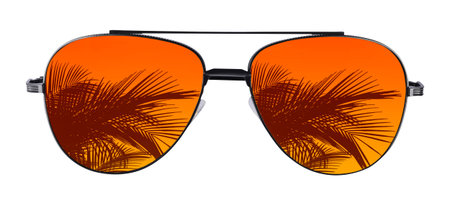 Bright sunglasses with reflection of palm on lenses against white background