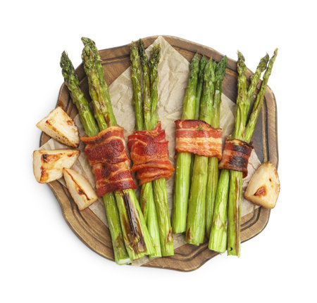 Tasty cooked asparagus, bacon and potatoes isolated on white, top viewの写真素材