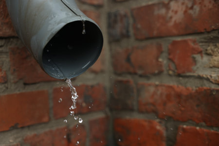 Water dripping from drain pipe outdoors, closeup. Space for textの写真素材